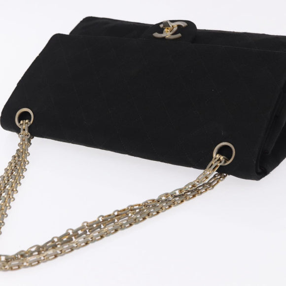 CHANEL Matelasse Chain Shoulder Bag Cotton Black Gold CC Auth bs36504
