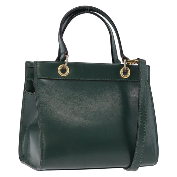 CELINE Hand Bag Leather 2way Green Gold Auth bs36506