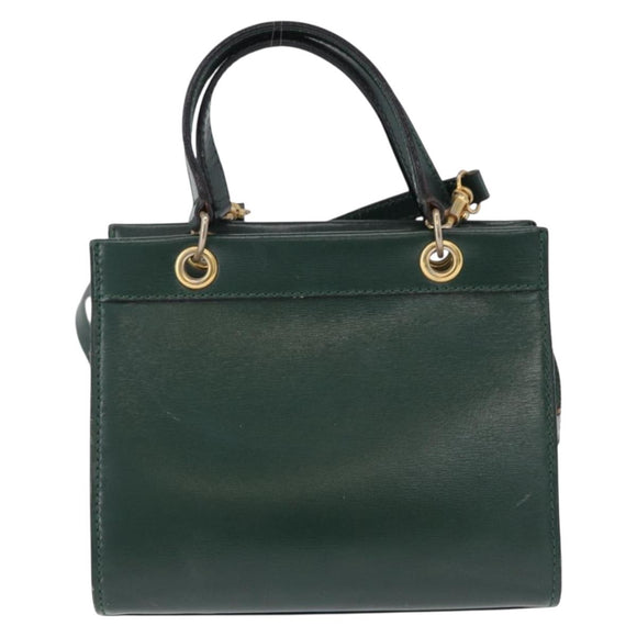 CELINE Hand Bag Leather 2way Green Gold Auth bs36506