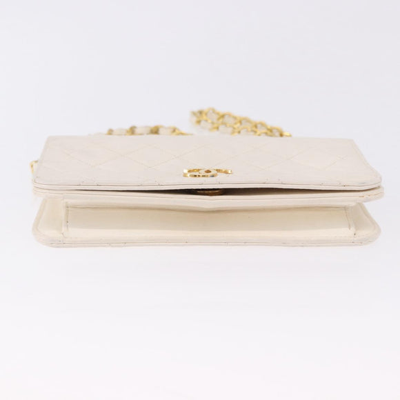 CHANEL Matelasse Chain Shoulder Bag Lamb Skin White Gold CC Auth bs36522