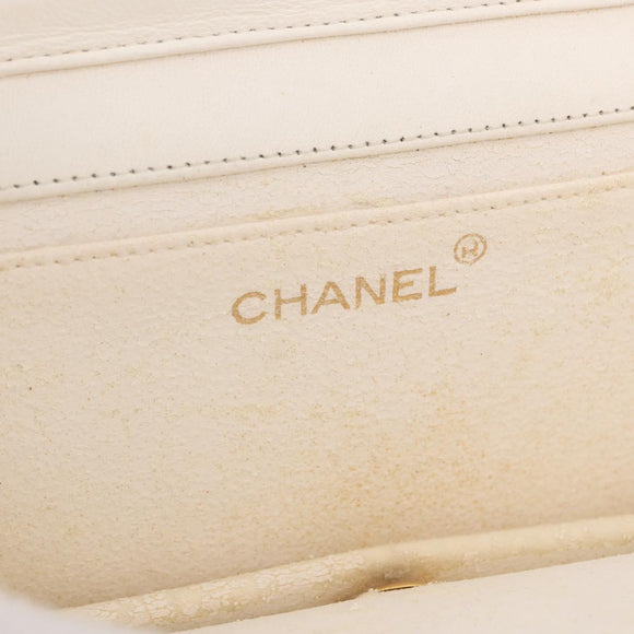 CHANEL Matelasse Chain Shoulder Bag Lamb Skin White Gold CC Auth bs36522