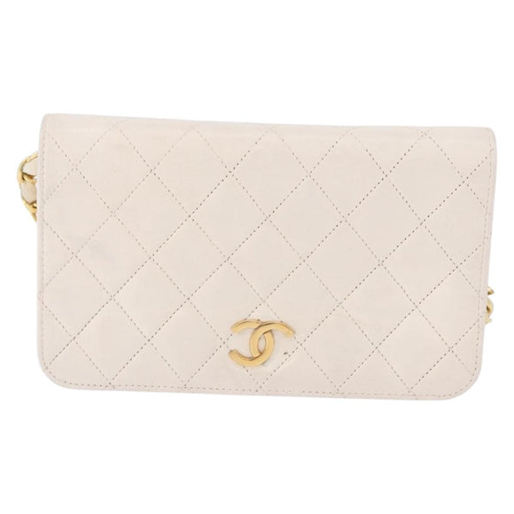 CHANEL Matelasse Chain Shoulder Bag Lamb Skin White Gold CC Auth bs36522