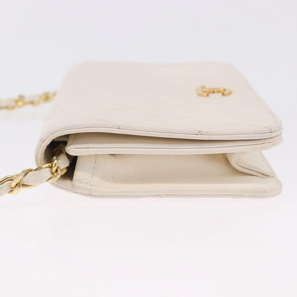 CHANEL Matelasse Chain Shoulder Bag Lamb Skin White Gold CC Auth bs36522