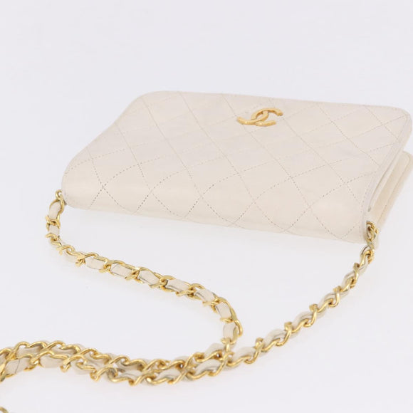 CHANEL Matelasse Chain Shoulder Bag Lamb Skin White Gold CC Auth bs36522