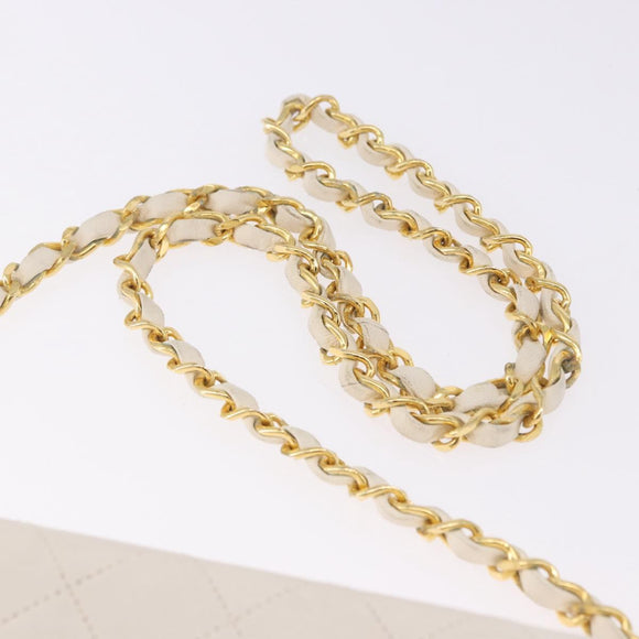 CHANEL Matelasse Chain Shoulder Bag Lamb Skin White Gold CC Auth bs36522