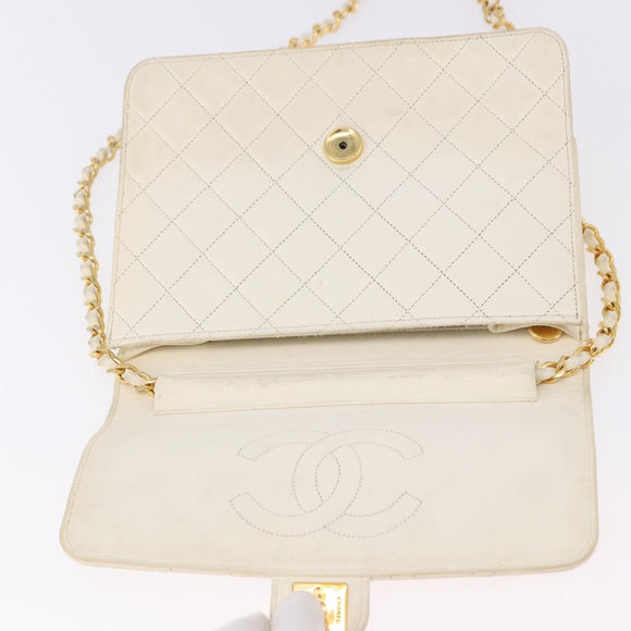 CHANEL Matelasse Chain Shoulder Bag Lamb Skin White Gold CC Auth bs36523