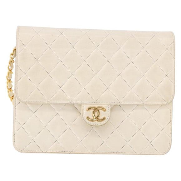 CHANEL Matelasse Chain Shoulder Bag Lamb Skin White Gold CC Auth bs36523