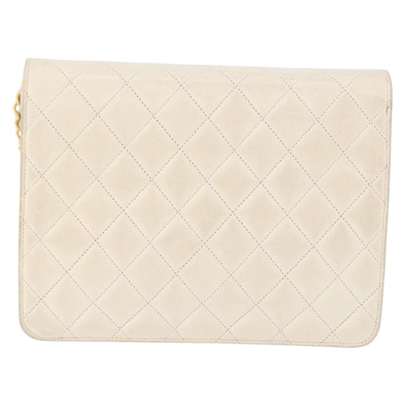 CHANEL Matelasse Chain Shoulder Bag Lamb Skin White Gold CC Auth bs36523