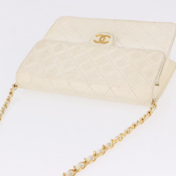 CHANEL Matelasse Chain Shoulder Bag Lamb Skin White Gold CC Auth bs36523
