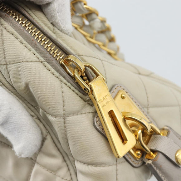 PRADA Chain Shoulder Bag Nylon Beige Gold Auth bs36530