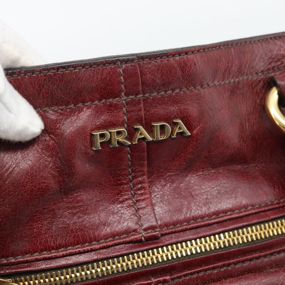 PRADA Hand Bag Leather Red Gold Auth bs36531