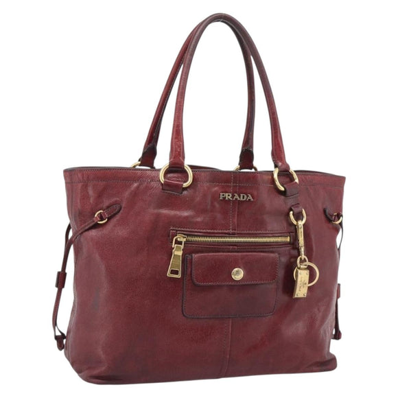 PRADA Hand Bag Leather Red Gold Auth bs36531