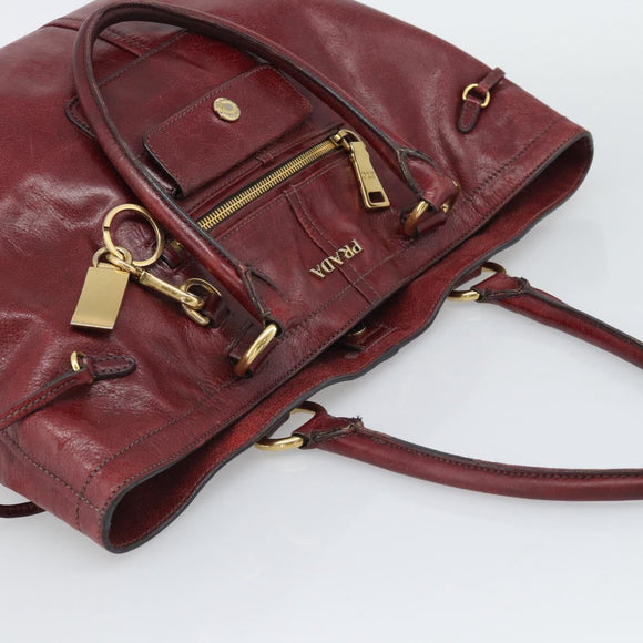PRADA Hand Bag Leather Red Gold Auth bs36531