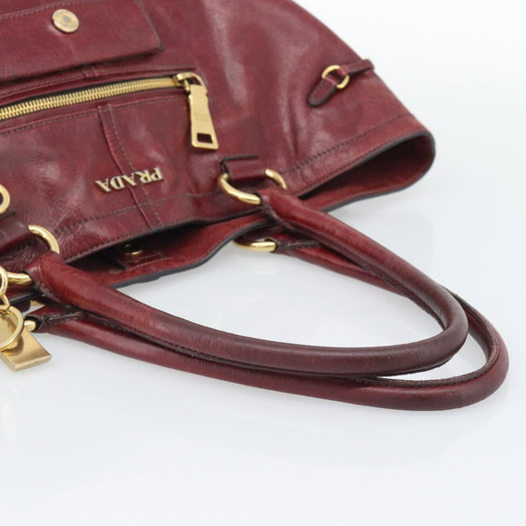 PRADA Hand Bag Leather Red Gold Auth bs36531