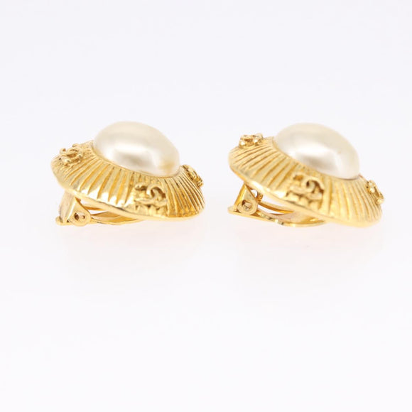 CHANEL Earring Metal Gold Tone White CC Auth bs36536