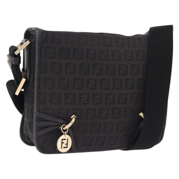 FENDI Zucchino Canvas Shoulder Bag Black Gold Auth bs36538
