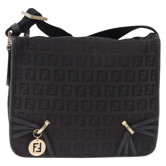 FENDI Zucchino Canvas Shoulder Bag Black Gold Auth bs36538