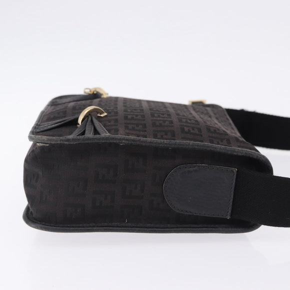 FENDI Zucchino Canvas Shoulder Bag Black Gold Auth bs36538