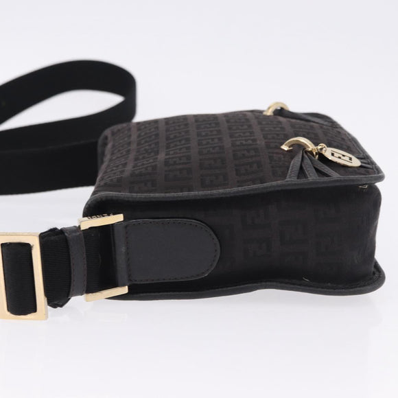 FENDI Zucchino Canvas Shoulder Bag Black Gold Auth bs36538