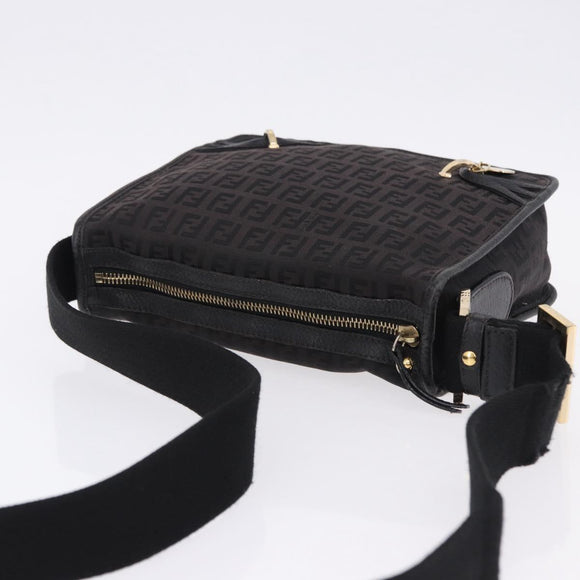 FENDI Zucchino Canvas Shoulder Bag Black Gold Auth bs36538