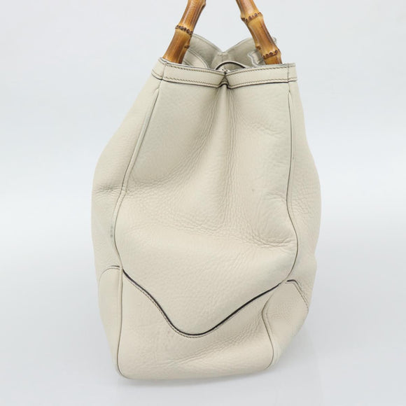 GUCCI Bamboo Hand Bag Leather White Gold 282317 Auth bs36540