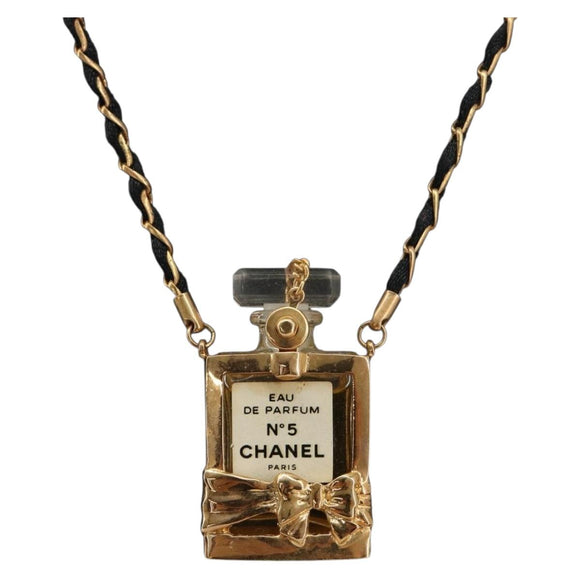 CHANEL Perfume Necklace Metal Gold Tone Black CC Auth bs36541