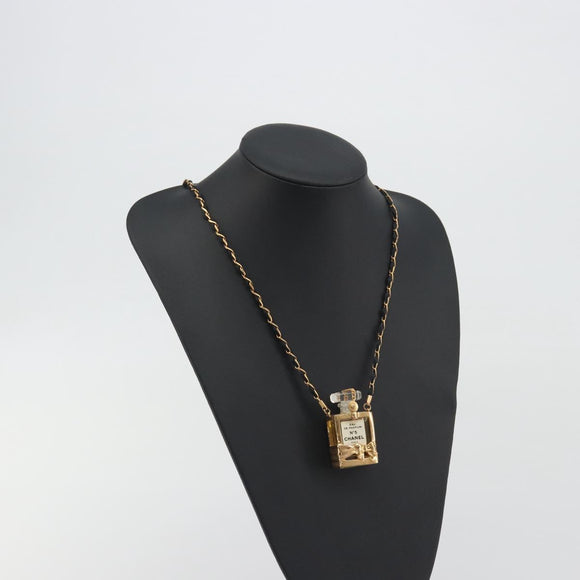 CHANEL Perfume Necklace Metal Gold Tone Black CC Auth bs36541