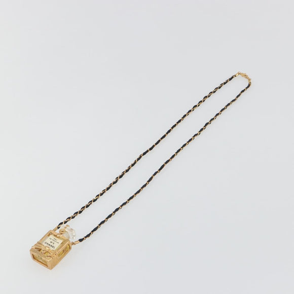 CHANEL Perfume Necklace Metal Gold Tone Black CC Auth bs36541