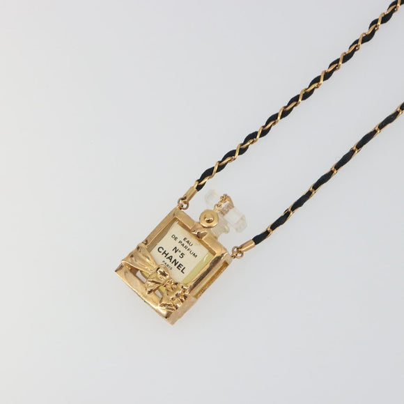 CHANEL Perfume Necklace Metal Gold Tone Black CC Auth bs36541