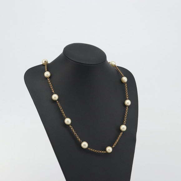 CHANEL Necklace Metal Gold Tone White CC Auth bs36551