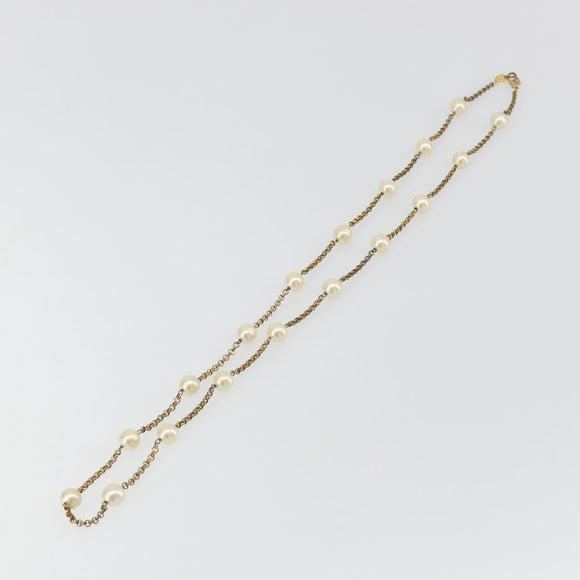 CHANEL Necklace Metal Gold Tone White CC Auth bs36551