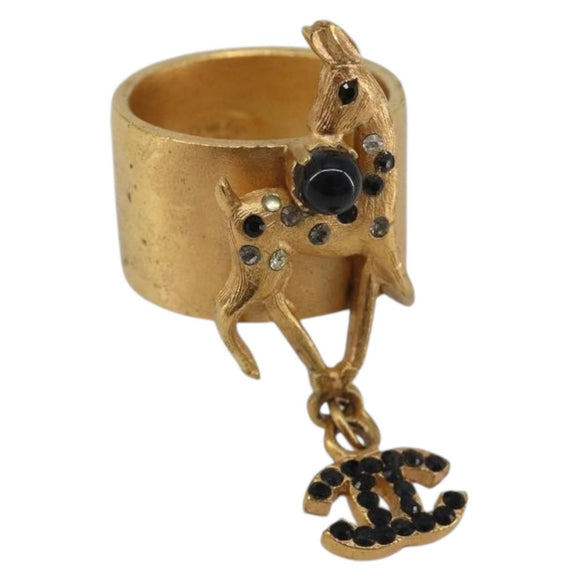 CHANEL Bambi Motif Ring Metal Gold Tone Black CC Auth bs36552