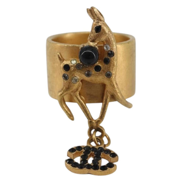 CHANEL Bambi Motif Ring Metal Gold Tone Black CC Auth bs36552