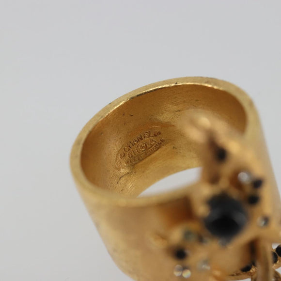 CHANEL Bambi Motif Ring Metal Gold Tone Black CC Auth bs36552