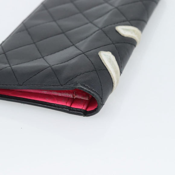 CHANEL Matelasse Cambon Line Long Wallet Leather Black Silver CC Auth bs36564