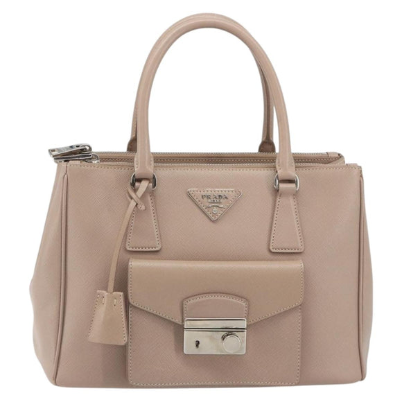 PRADA Hand Bag Saffiano leather Beige Silver Auth bs36596A