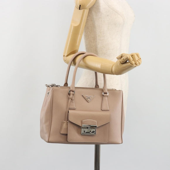 PRADA Hand Bag Saffiano leather Beige Silver Auth bs36596A