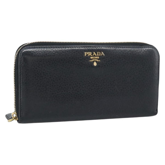 PRADA Long Wallet Leather Black Gold Auth bs36598