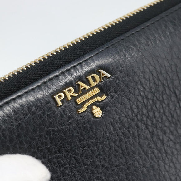 PRADA Long Wallet Leather Black Gold Auth bs36598