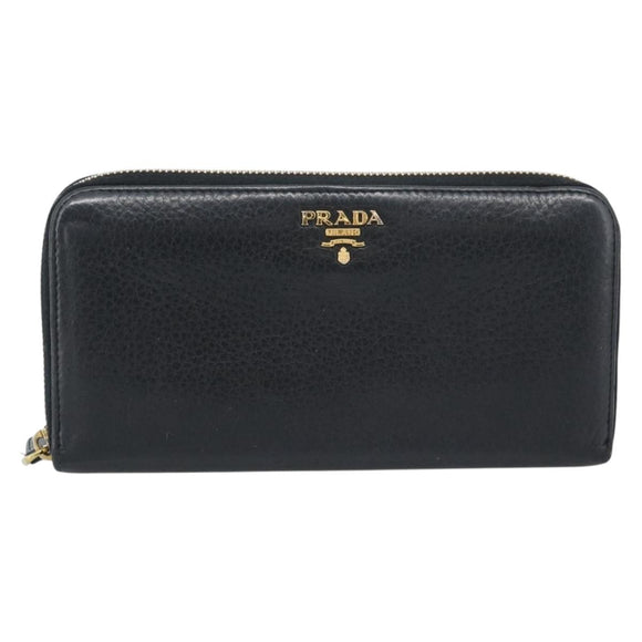 PRADA Long Wallet Leather Black Gold Auth bs36598