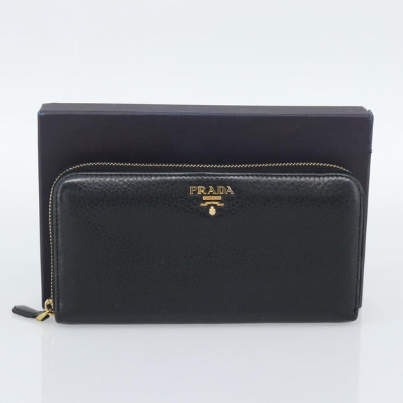 PRADA Long Wallet Leather Black Gold Auth bs36598