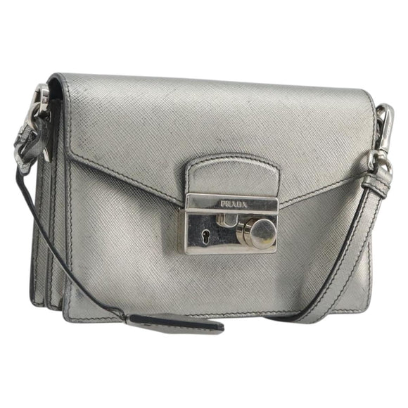PRADA Shoulder Bag Saffiano leather Silver Auth bs36601