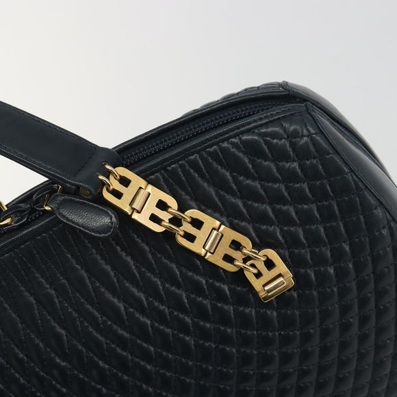BALLY Hand Bag Leather Navy Gold Auth bs36607