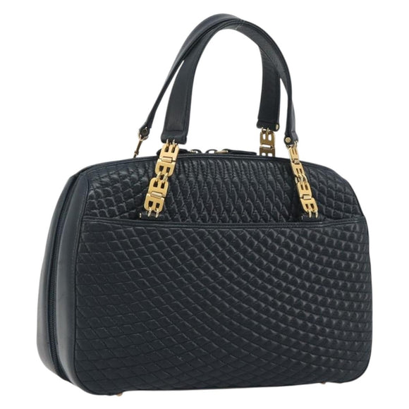 BALLY Hand Bag Leather Navy Gold Auth bs36607