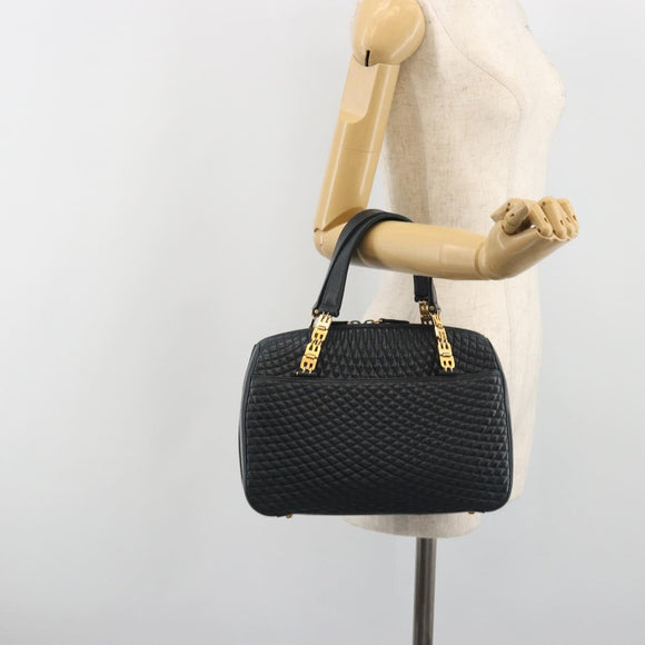 BALLY Hand Bag Leather Navy Gold Auth bs36607