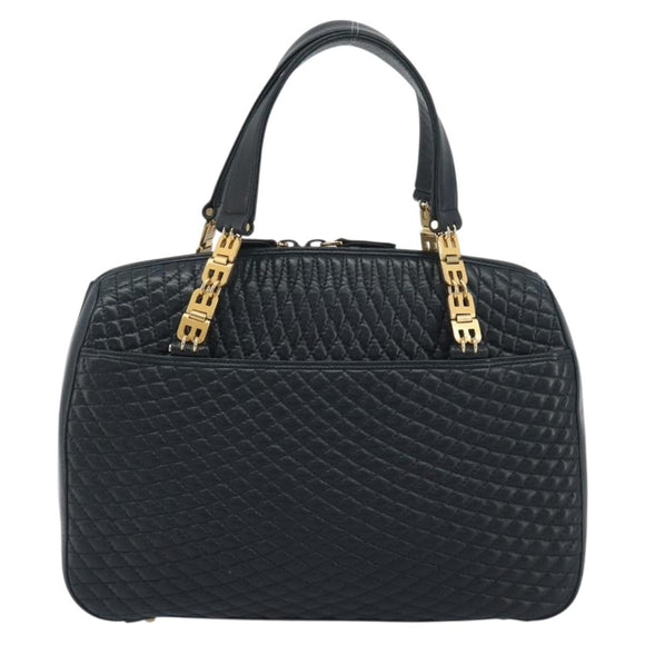 BALLY Hand Bag Leather Navy Gold Auth bs36607