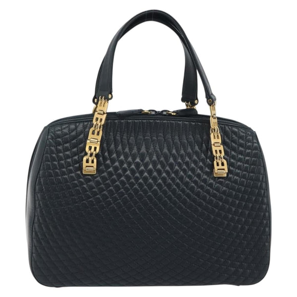 BALLY Hand Bag Leather Navy Gold Auth bs36607