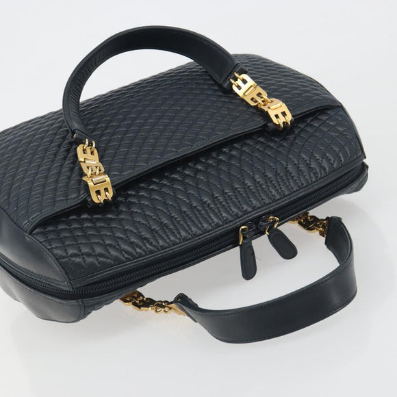 BALLY Hand Bag Leather Navy Gold Auth bs36607
