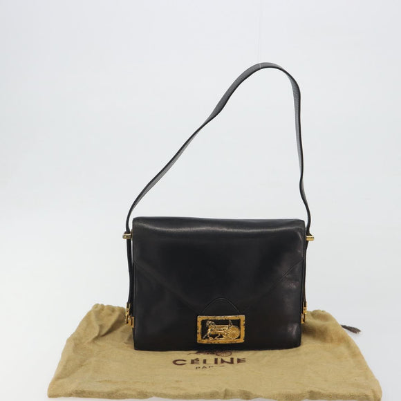 CELINE Shoulder Bag Leather Black Gold Auth bs36609
