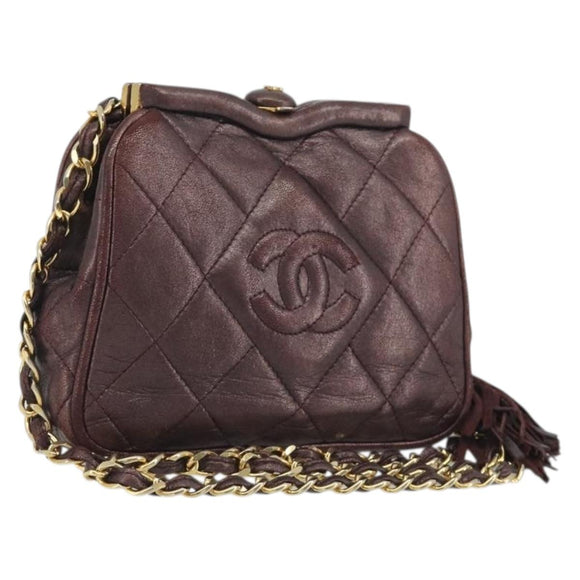 CHANEL Matelasse Waist Bag Lamb Skin Bordeaux Gold CC Auth bs36614A